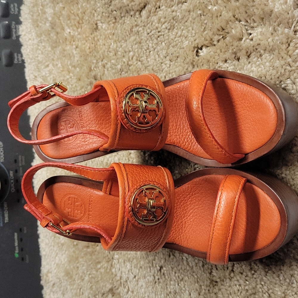 Tory Burch orange Wedge Sandals, approximately 4inches heel ht. Size 6M.